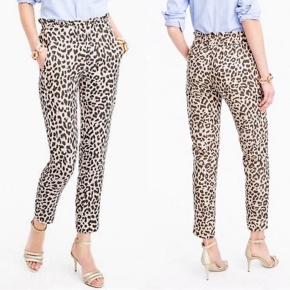 J. Crew Ruffle Waist Leopard Print Linen Pants - Picture 1 of 4